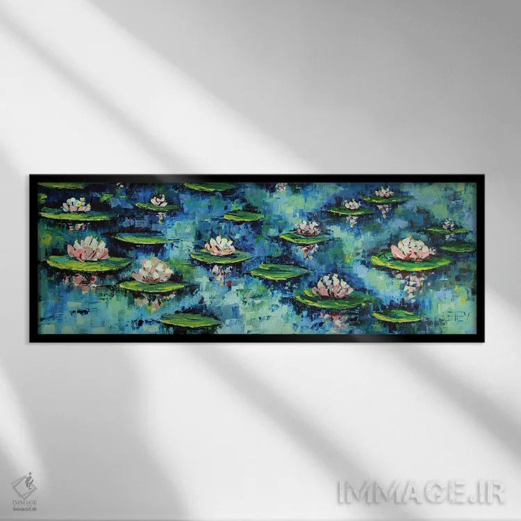 تابلو نیلوفرهای آبی اثر لیزا الی - نمای قابدار مشکی
