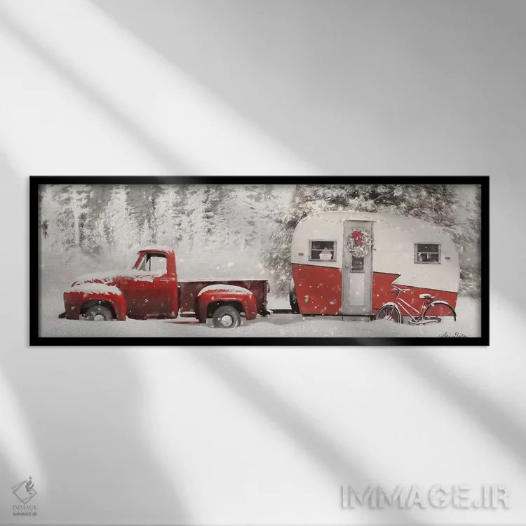 تابلو کمپینگ کریسمس با دوچرخه اثر لری دیتِر - نمای قابدار مشکی