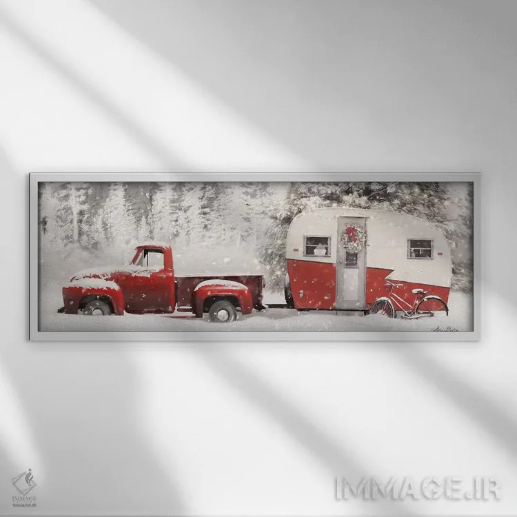 تابلو کمپینگ کریسمس با دوچرخه اثر لری دیتِر - نمای قابدار سفید