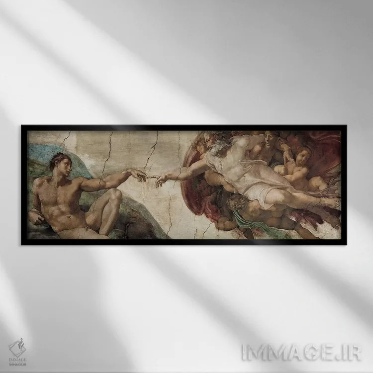 تابلو آفرینش آدم (اثر میکلآنژ) اثر میکلآنژ (هنرمند و مجسمهساز ایتالیایی دوره رنسانس) - نمای قابدار مشکی