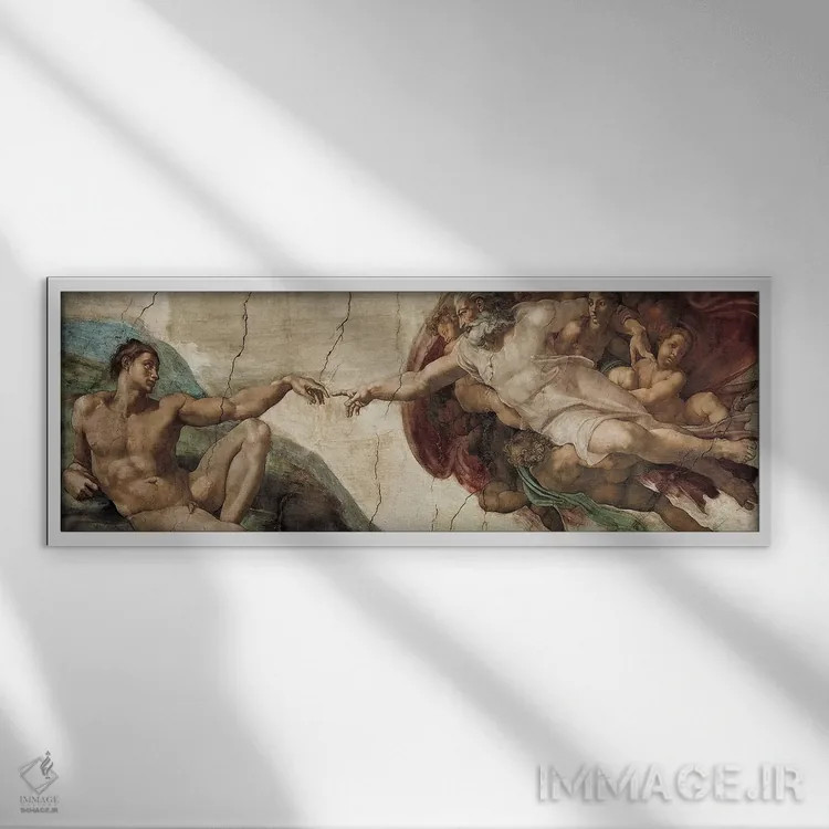 تابلو آفرینش آدم (اثر میکلآنژ) اثر میکلآنژ (هنرمند و مجسمهساز ایتالیایی دوره رنسانس) - نمای قابدار سفید