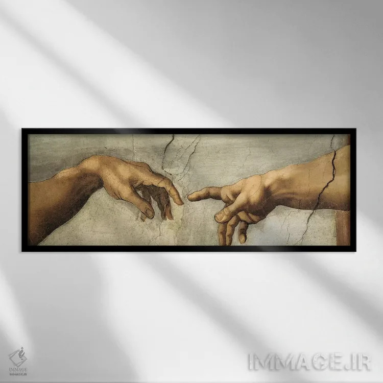 تابلو جزئیات آفرینش آدم (اثر میکلآنژ) اثر میکلآنژ (هنرمند و مجسمهساز ایتالیایی دوره رنسانس) - نمای قابدار مشکی