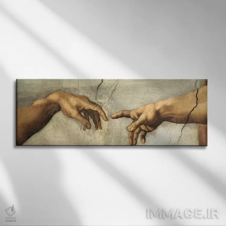 تابلو جزئیات آفرینش آدم (اثر میکلآنژ) اثر میکلآنژ (هنرمند و مجسمهساز ایتالیایی دوره رنسانس) - نمای روبهرو روی دیوار