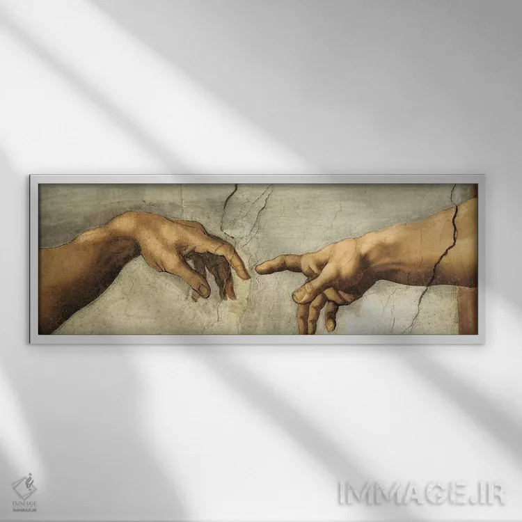 تابلو جزئیات آفرینش آدم (اثر میکلآنژ) اثر میکلآنژ (هنرمند و مجسمهساز ایتالیایی دوره رنسانس) - نمای قابدار سفید