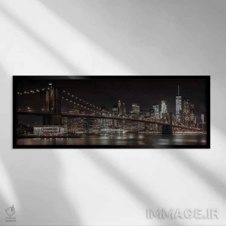 تابلو خط افق منهتن و پل بروکلین در منظره شبانه رؤیایی اثر ملانی ویولا - نمای قابدار مشکی