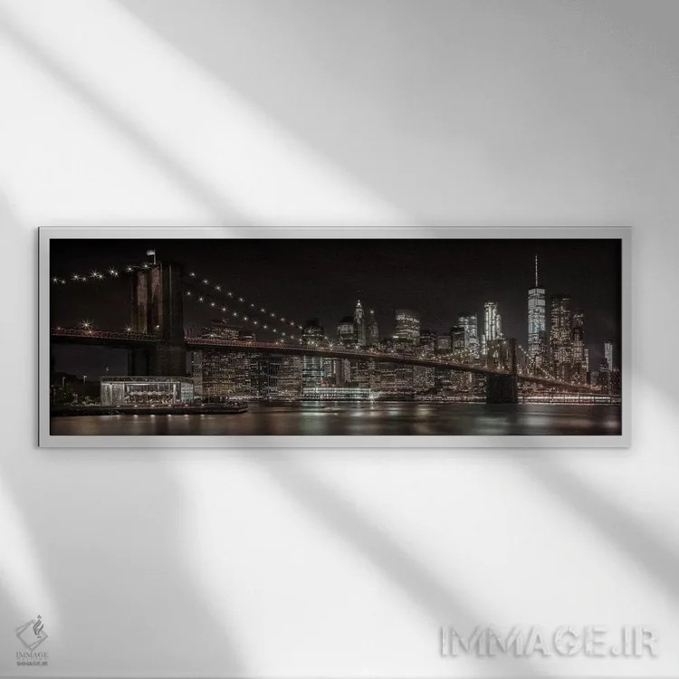 تابلو خط افق منهتن و پل بروکلین در منظره شبانه رؤیایی اثر ملانی ویولا - نمای قابدار سفید