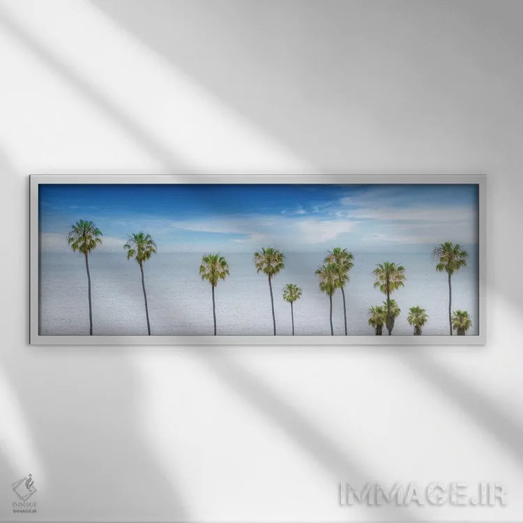 تابلو درختان نخل زیبا کنار اقیانوس اثر ملانی ویولا - نمای قابدار سفید