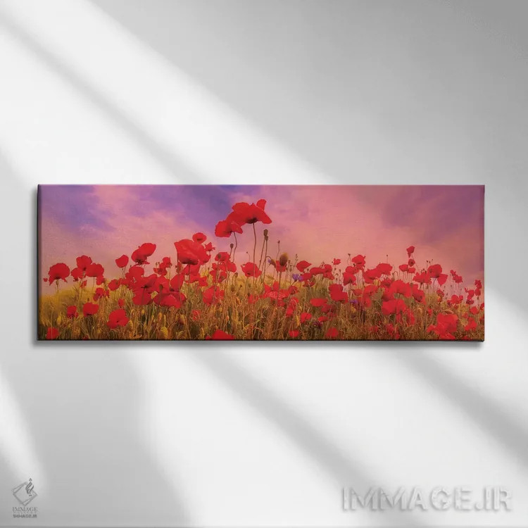 تابلو مزرعه شقایق رؤیایی در غروب اثر ملانی ویولا - نمای روبهرو روی دیوار