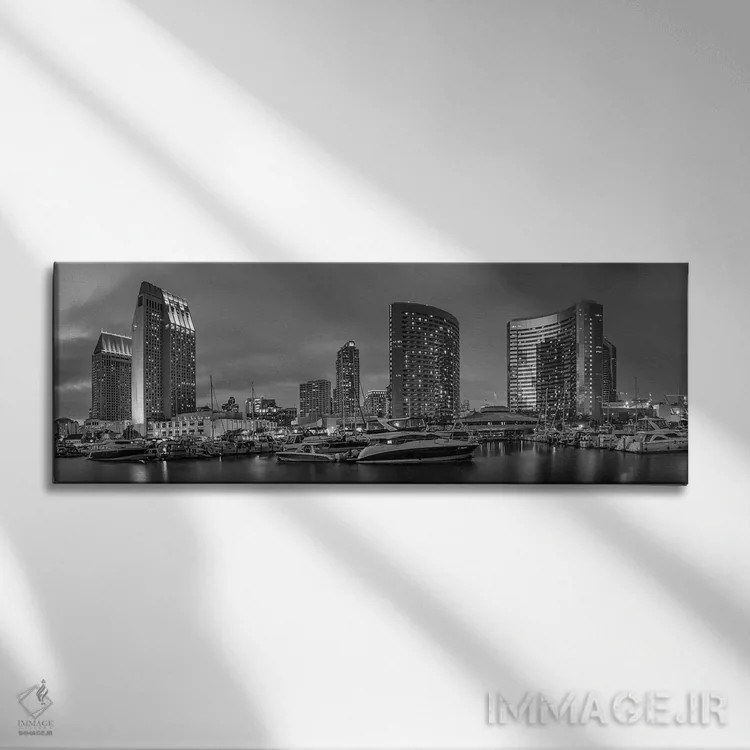 تابلو خط افق عصرگاهی سندیگو (پانورامای تکرنگ) اثر ملانی ویولا - نمای روبهرو روی دیوار