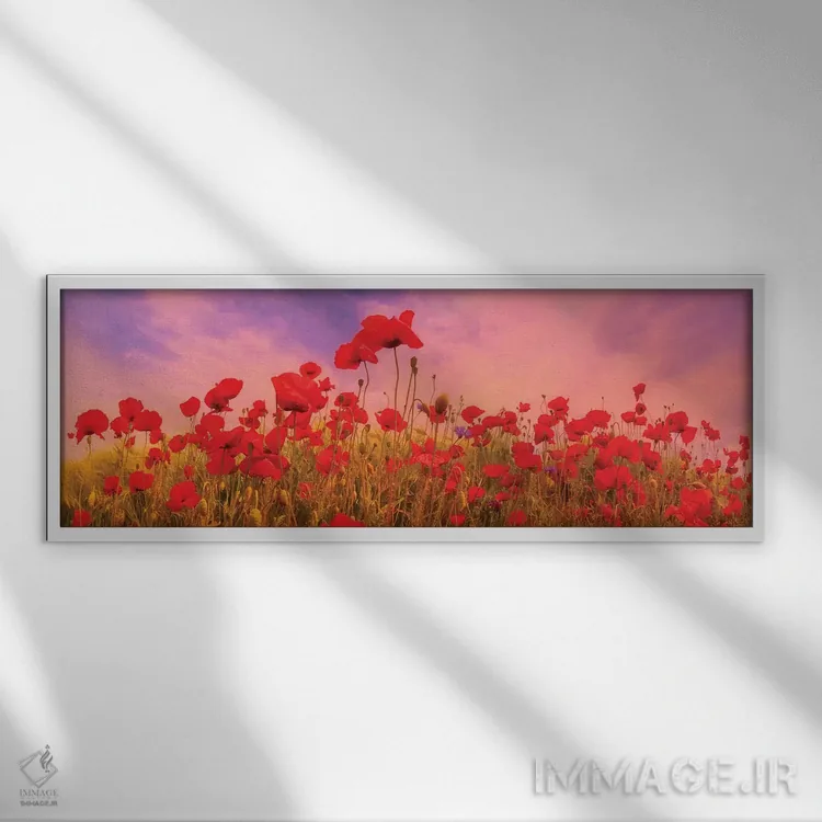 تابلو مزرعه شقایق رؤیایی در غروب اثر ملانی ویولا - نمای قابدار سفید