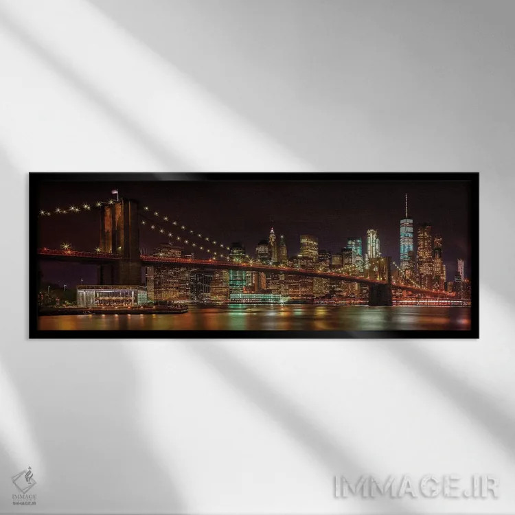 تابلو خط افق منهتن و پل بروکلین در منظره شبانه رویایی اثر ملانی ویولا - نمای قابدار مشکی