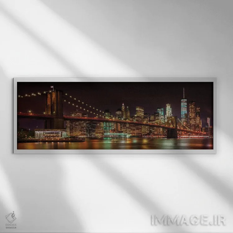 تابلو خط افق منهتن و پل بروکلین در منظره شبانه رویایی اثر ملانی ویولا - نمای قابدار سفید