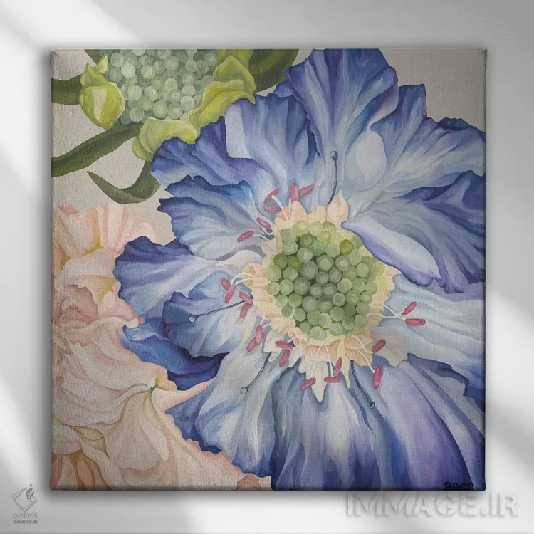 تابلو اسکابوئوس و صورتیها (گل) اثر جو بیر - نمای روبهرو روی دیوار