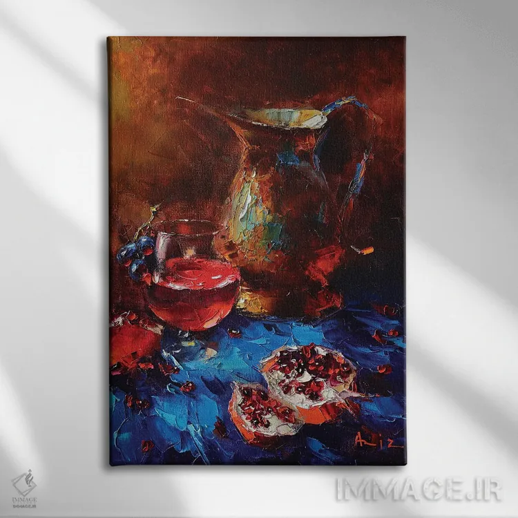 تابلو طبیعت بیجان با انار اثر عزیز سلیماناف - نمای روبهرو روی دیوار