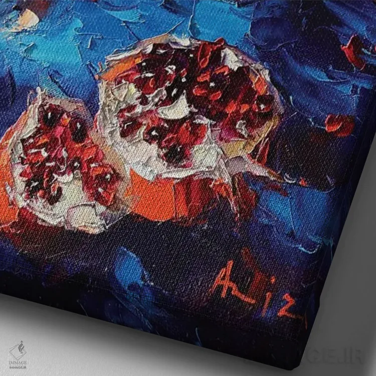 تابلو طبیعت بیجان با انار اثر عزیز سلیماناف - نمای نزدیک بافت بوم