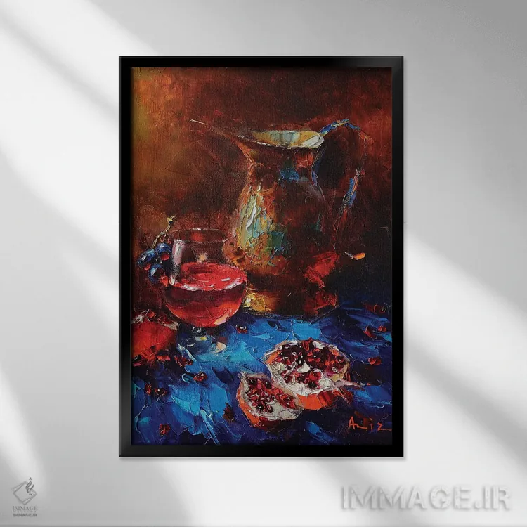 تابلو طبیعت بیجان با انار اثر عزیز سلیماناف - نمای قابدار مشکی