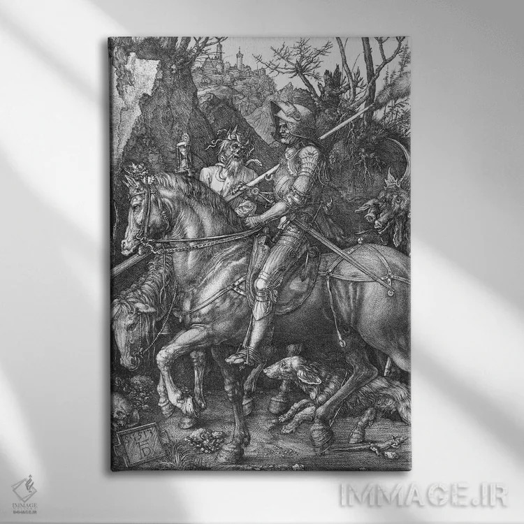 تابلو شوالیه، مرگ و شیطان، ۱۵۱۳ اثر آلبریشت دورر (نقاش آلمانی) - نمای روبهرو روی دیوار
