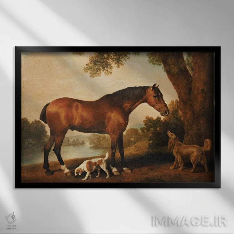 تابلو A Springer Spaniel And A Sussex Spaniel, 1782,یک اسب شکارچی، یک سگ اسپانیل اسپرینگر و یک سگ اسپانیل ساسکس، ۱۷۸۲ اثر جورج استابز (نقاش حیوانات انگلیسی) - نمای قابدار مشکی