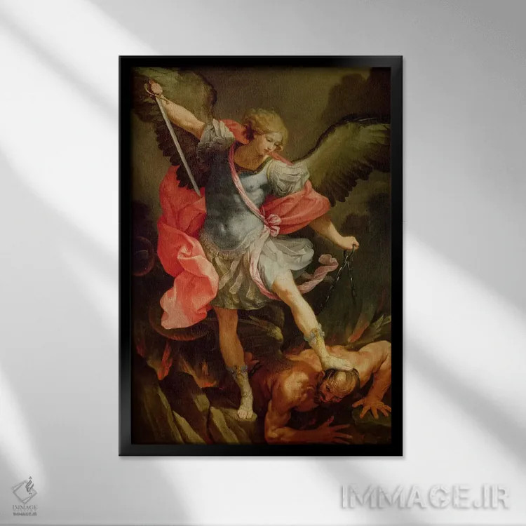 تابلو فرشته مقرب میکائیل در حال شکست دادن شیطان اثر گویدو رنی - نمای قابدار مشکی