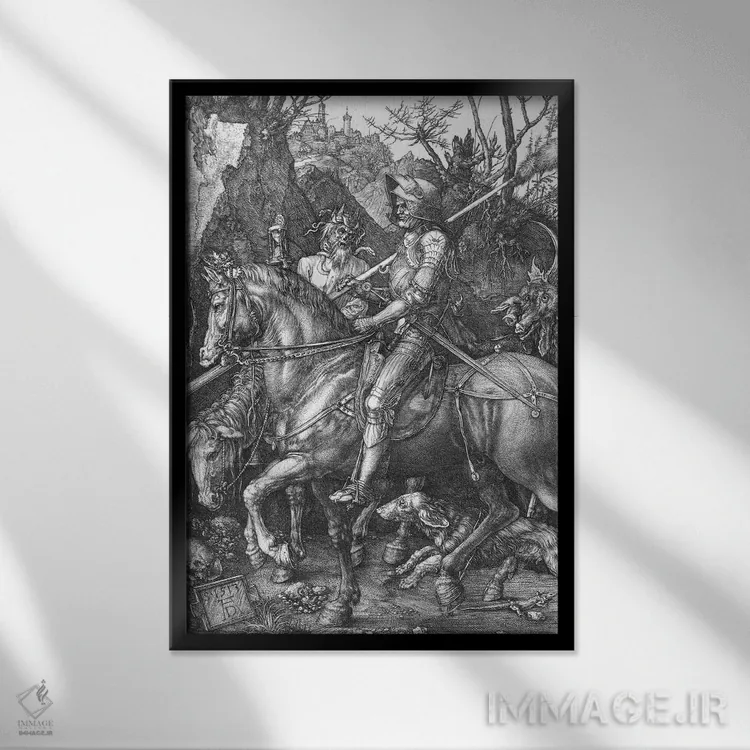 تابلو شوالیه، مرگ و شیطان، ۱۵۱۳ اثر آلبریشت دورر (نقاش آلمانی) - نمای قابدار مشکی