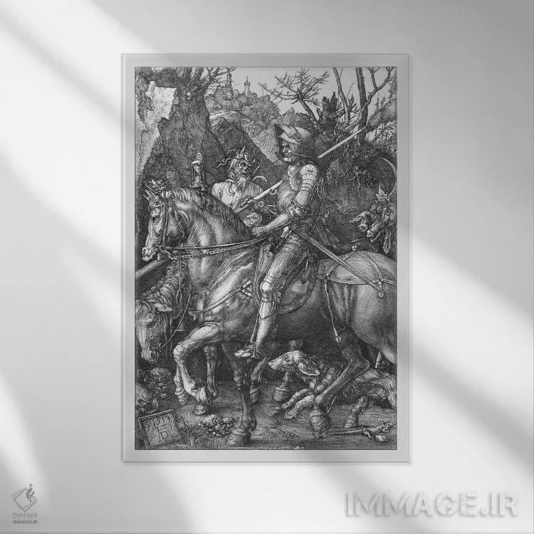 تابلو شوالیه، مرگ و شیطان، ۱۵۱۳ اثر آلبریشت دورر (نقاش آلمانی) - نمای قابدار سفید