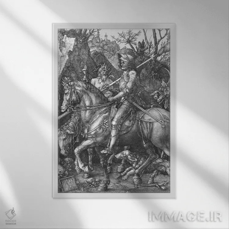 تابلو شوالیه، مرگ و شیطان، ۱۵۱۳ اثر آلبریشت دورر (نقاش آلمانی) - نمای قابدار سفید