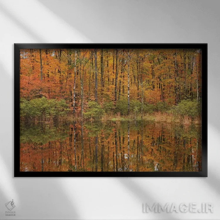 تابلو انعکاسهای برکه پاییزی اثر برایان ولف - نمای قابدار مشکی