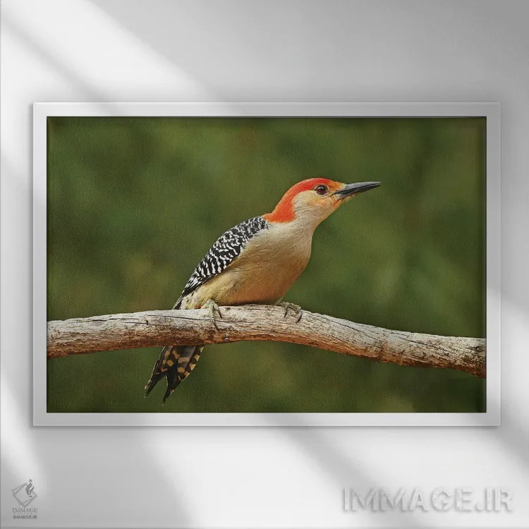 تابلو نمای نیمرخ دارکوب سرخسینه اثر برایان ولف - نمای قابدار سفید