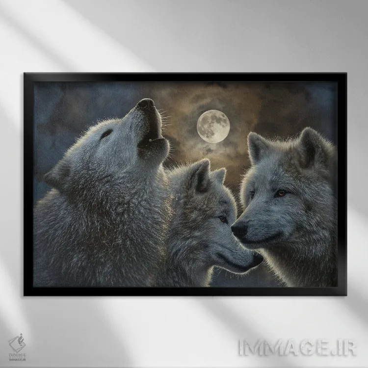 تابلو گرگها در شب ماه کامل اثر کالین بوگل - نمای قابدار مشکی