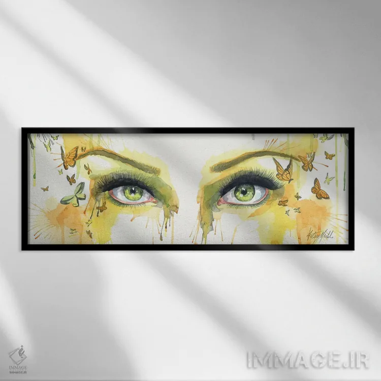 تابلو چشمهای پروانه زمردی اثر کلسی مرکِل - نمای قابدار مشکی