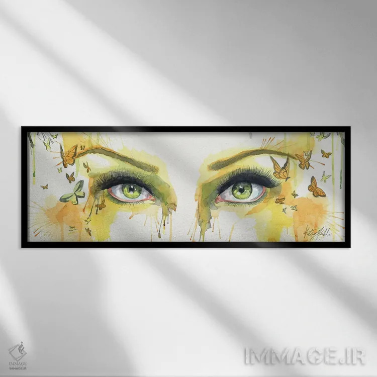 تابلو چشمهای پروانه زمردی اثر کلسی مرکِل - نمای قابدار مشکی