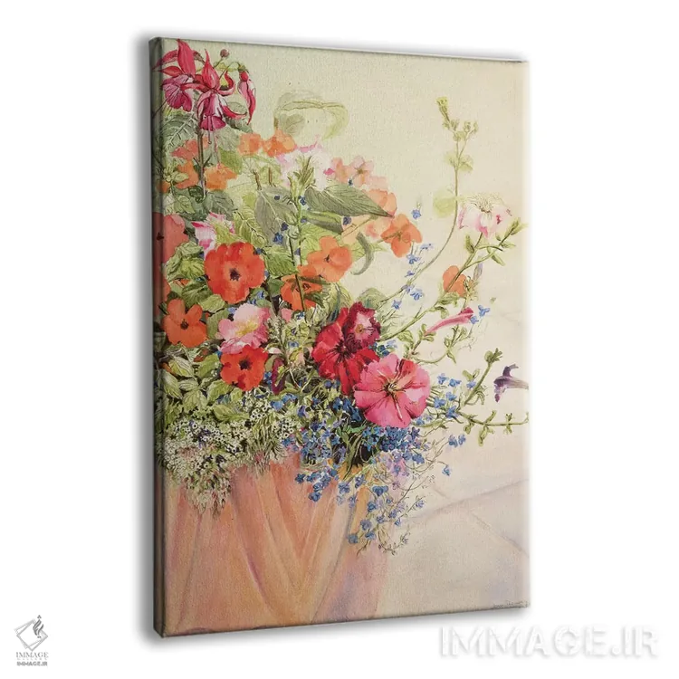 تابلو Lobelias, Busy Lizzies and Fuschia in a Terracotta Pot,پتونیا، لوبلیا، گیاه لیزی و فوچیا در گلدان سفالی اثر ژوان توسی - نمای پرسپکتیو محصول