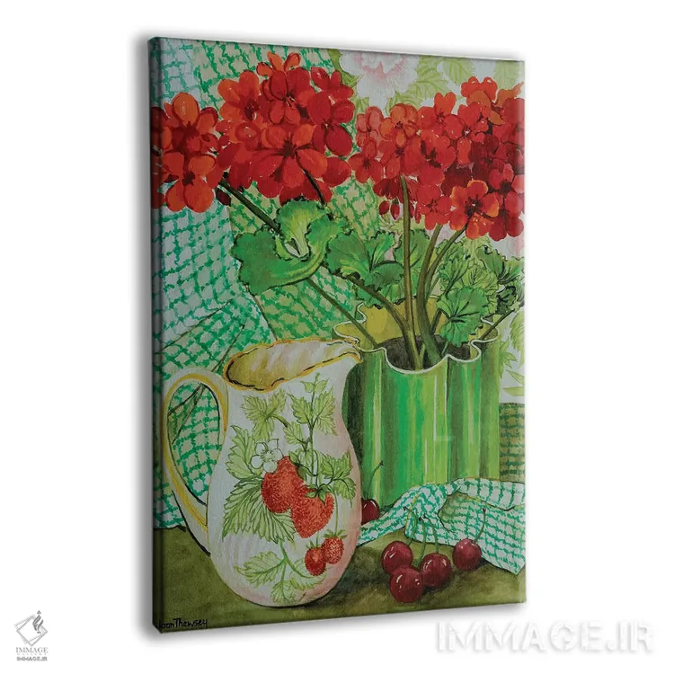 تابلو شمعدانی قرمز با پارچ توتفرنگی و گیلاسها اثر ژوان توسی - نمای پرسپکتیو محصول