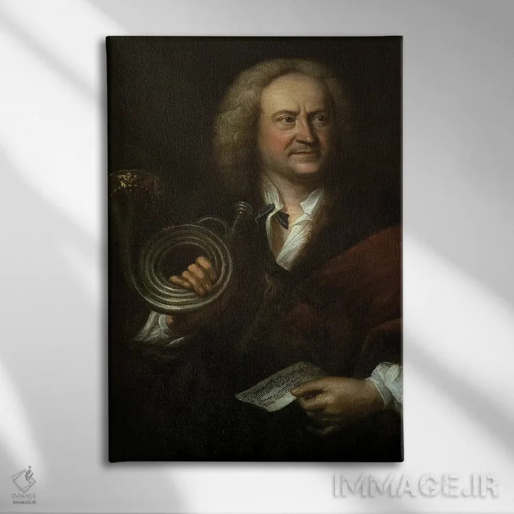 تابلو Senior Musician and Solo Trumpeter of Bach's Orchestra,گوتفرید رایشه، موسیقیدان ارشد و نوازندهٔ ترومپت گروه باخ اثر الیاس گوتلیب هاوسمن - نمای روبهرو روی دیوار