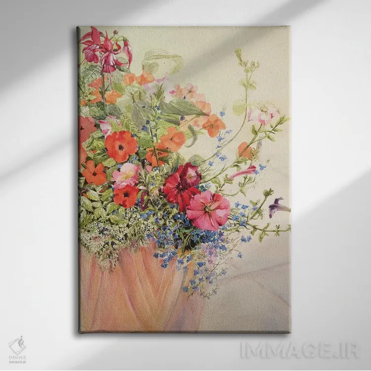 تابلو Lobelias, Busy Lizzies and Fuschia in a Terracotta Pot,پتونیا، لوبلیا، گیاه لیزی و فوچیا در گلدان سفالی اثر ژوان توسی - نمای روبهرو روی دیوار