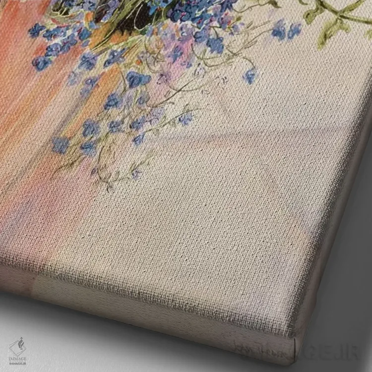 تابلو Lobelias, Busy Lizzies and Fuschia in a Terracotta Pot,پتونیا، لوبلیا، گیاه لیزی و فوچیا در گلدان سفالی اثر ژوان توسی - نمای نزدیک بافت بوم