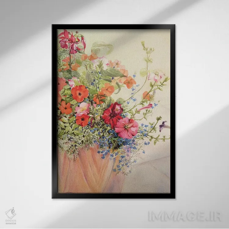 تابلو Lobelias, Busy Lizzies and Fuschia in a Terracotta Pot,پتونیا، لوبلیا، گیاه لیزی و فوچیا در گلدان سفالی اثر ژوان توسی - نمای قابدار مشکی