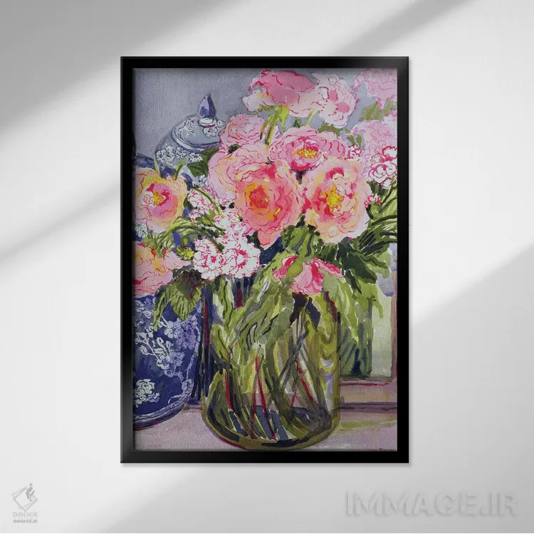 تابلو طبیعت بیجان با دو کوزهٔ زنجبیل آبی اثر ژوان توسی - نمای قابدار مشکی