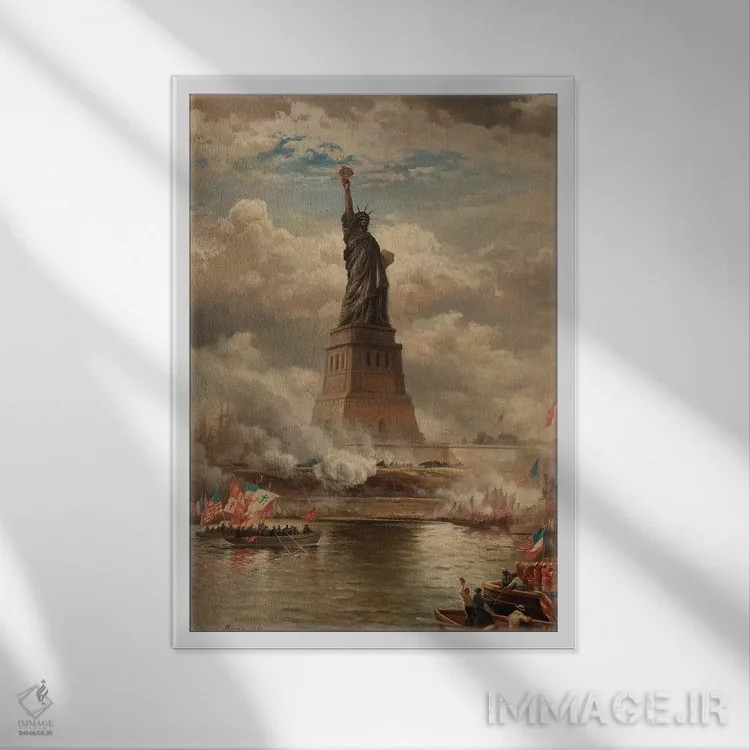 تابلو Enlightening the World, 1886,پردهبرداری از تندیس آزادی، روشنکنندهٔ جهان، ۱۸۸۶ اثر ادوارد موران - نمای قابدار سفید