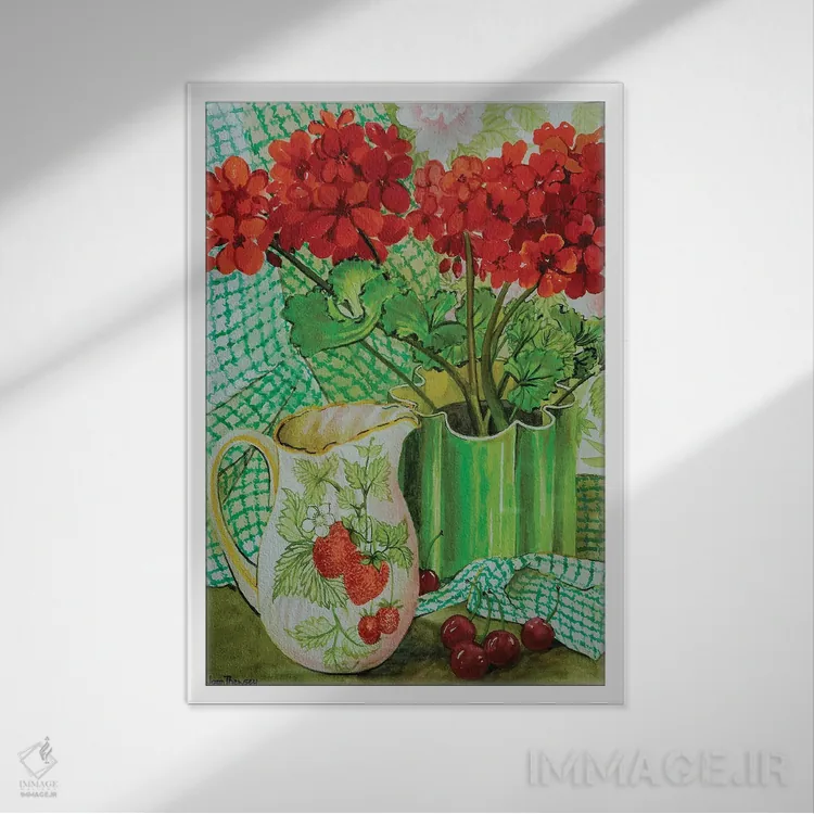 تابلو شمعدانی قرمز با پارچ توتفرنگی و گیلاسها اثر ژوان توسی - نمای قابدار سفید