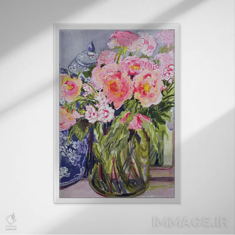 تابلو طبیعت بیجان با دو کوزهٔ زنجبیل آبی اثر ژوان توسی - نمای قابدار سفید