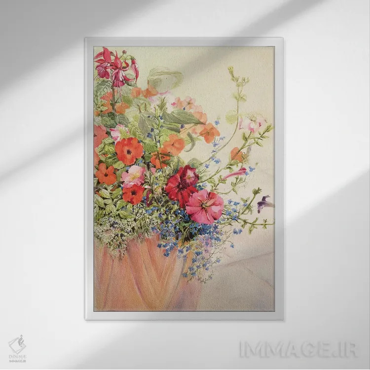 تابلو Lobelias, Busy Lizzies and Fuschia in a Terracotta Pot,پتونیا، لوبلیا، گیاه لیزی و فوچیا در گلدان سفالی اثر ژوان توسی - نمای قابدار سفید
