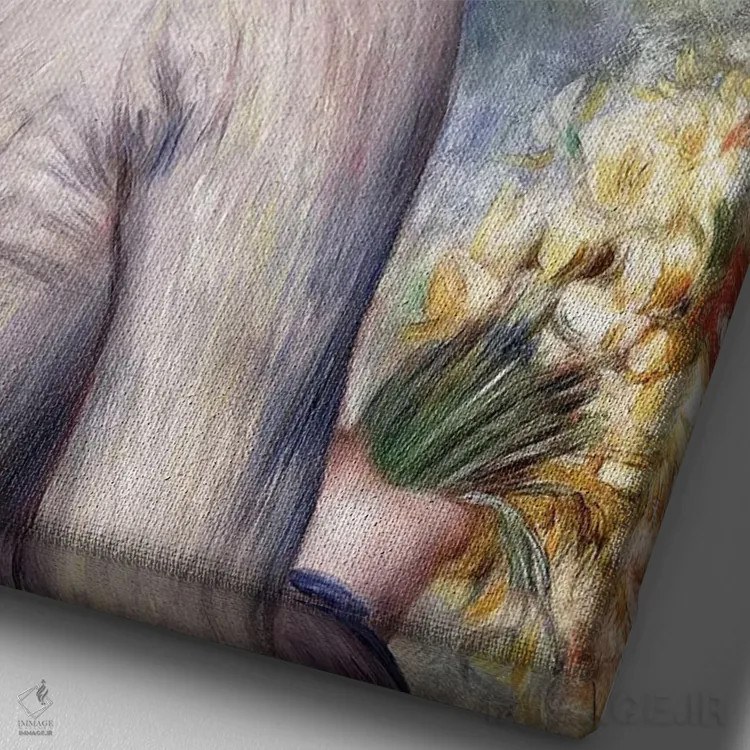 تابلو دختر جوانی که دسته گل لاله در دست دارد اثر پیر-اوگوست رنوار - نمای نزدیک بافت بوم