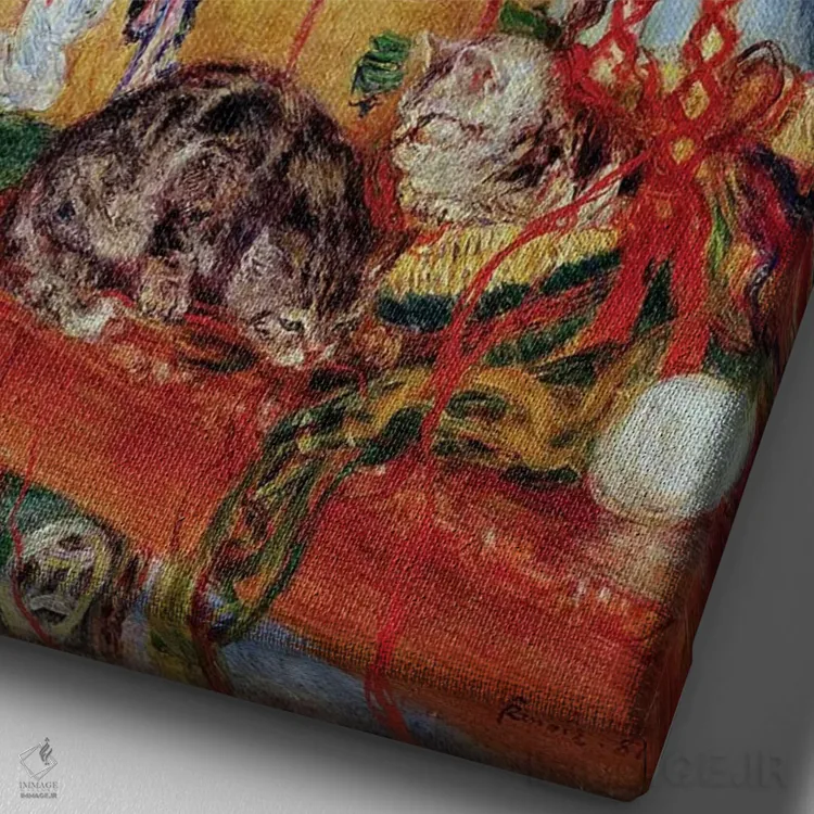 تابلو 1881,شمعدانی و گربهها، ۱۸۸۱ اثر پیر-اوگوست رنوار - نمای نزدیک بافت بوم