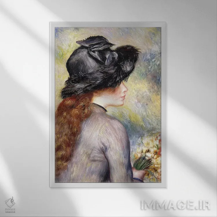 تابلو دختر جوانی که دسته گل لاله در دست دارد اثر پیر-اوگوست رنوار - نمای قابدار سفید