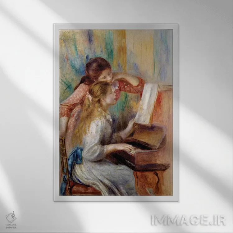 تابلو مطالعه مقدماتی دختران جوان در حال نواختن پیانو اثر پیر-اوگوست رنوار - نمای قابدار سفید