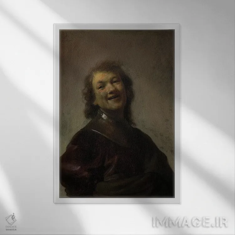 تابلو خندهٔ رامبرانت، حدود ۱۶۲۸ اثر رمبرانت فان رَین (نقاش بزرگ هلندی) - نمای قابدار سفید