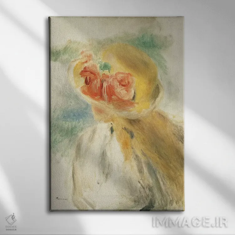 تابلو دختر جوان با گلهایی در کلاهش اثر پیر-اوگوست رنوار - نمای روبهرو روی دیوار