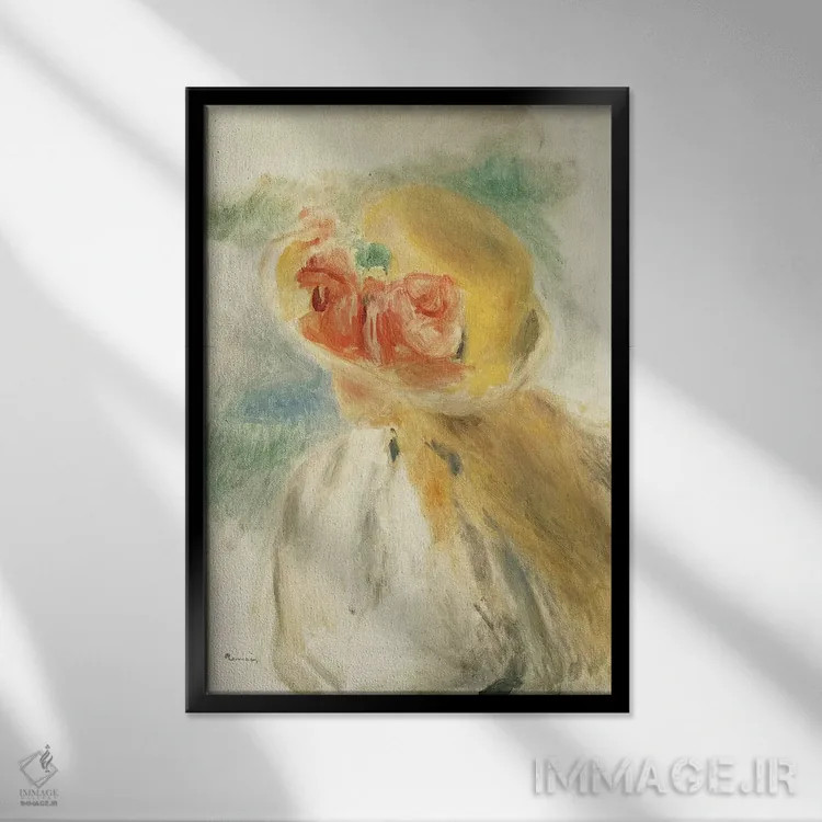 تابلو دختر جوان با گلهایی در کلاهش اثر پیر-اوگوست رنوار - نمای قابدار مشکی