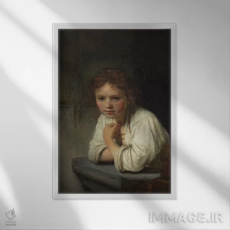 تابلو دختر در پنجره، ۱۶۴۵ اثر رمبرانت فان رَین (نقاش بزرگ هلندی) - نمای قابدار سفید